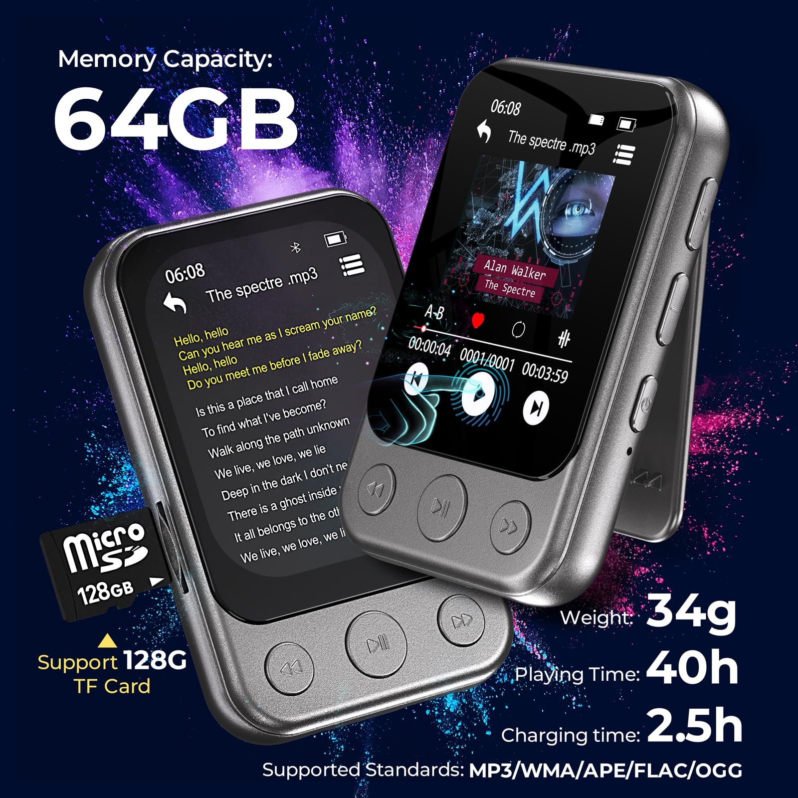 64GB MP3 Player Bluetooth 5.3 mit Clip & Lautsprecher, Sport Musik-Player mit Touchscreen und Tasten, unabhängiger Lautstärkeregler, FM-Radio, Sprachaufnahme, erweiterbar auf bis zu 128GB - Image 3