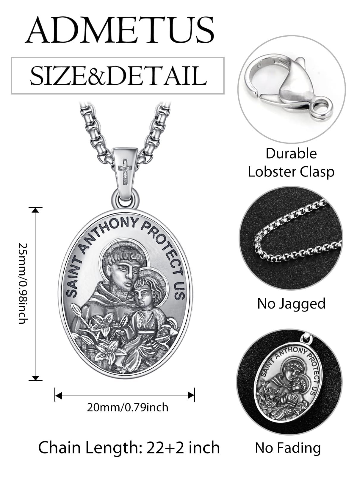 ADMETUS Heiliger Antonius Anhänger Silber 925 Heilige Antonius Kette Halskette Medaille Amulett Schmuck Religiöser Geschenke für Herren - Image 2
