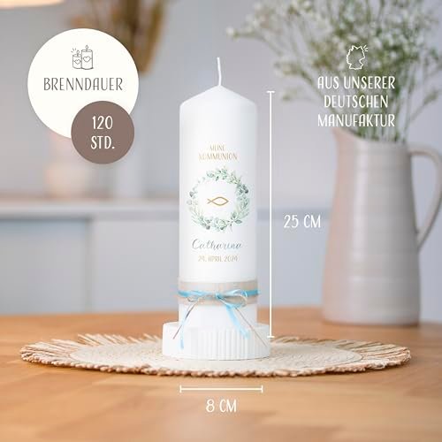 AMARI ® Kommunionkerze personalisiert "Eukalyptus Fisch" H:25cm/⌀:8cm - Personalisierte Kommunionkerze für Jungen & Mädchen – Kerze zur Kommunion selbst gestalten - Image 4