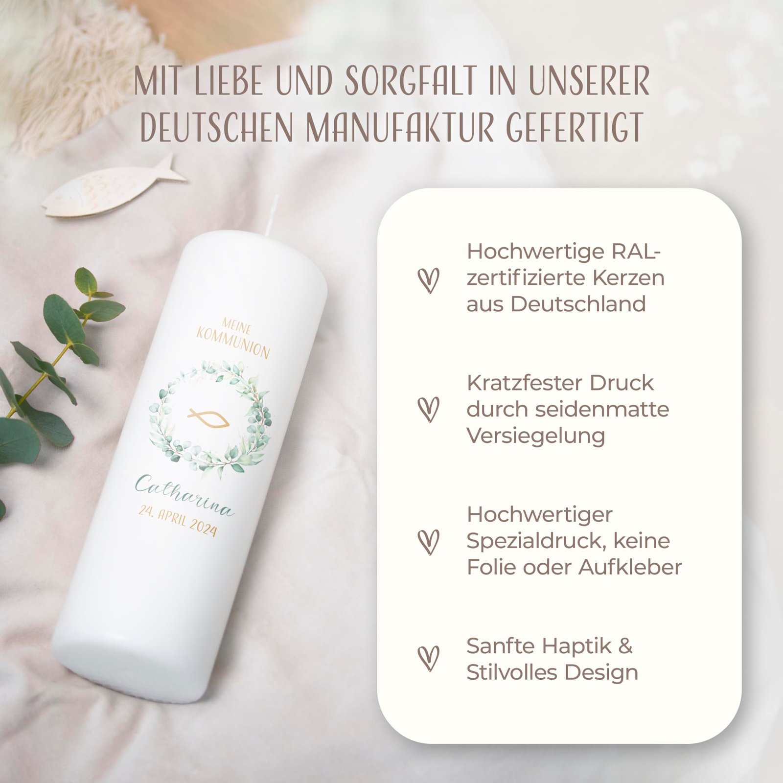 AMARI ® Kommunionkerze personalisiert "Eukalyptus Fisch" H:25cm/⌀:8cm - Personalisierte Kommunionkerze für Jungen & Mädchen – Kerze zur Kommunion selbst gestalten - Image 8