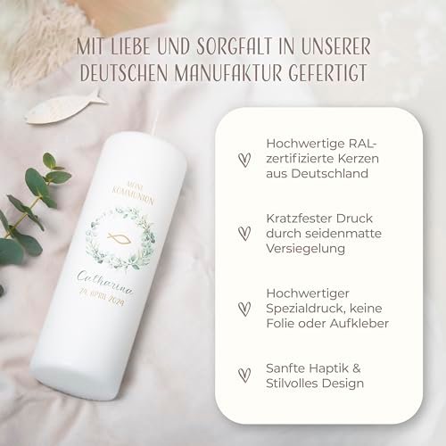AMARI ® Kommunionkerze personalisiert "Eukalyptus Fisch" H:25cm/⌀:8cm - Personalisierte Kommunionkerze für Jungen & Mädchen – Kerze zur Kommunion selbst gestalten - Image 9