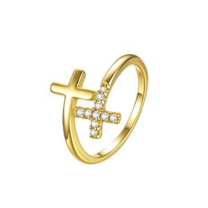 AOSWUD 925er Sterlingsilber Kreuz Ring für Frauen,Zierliche Kreuzringe mit Zirkonia Inspirierender Christlicher Schmuck zu Wahl religiöses Geschenk (Gold) - Image 1
