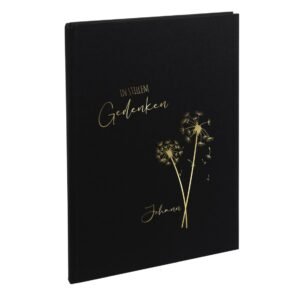 AWASG Kondolenzbuch Trauer - Personalisiert mit Name - Gedenkbuch und Erinnerungsbuch zur Trauerfeier - Beileidsbuch Schwarz Blanko Seiten - Pusteblume in stillem Gedenken - Image 1