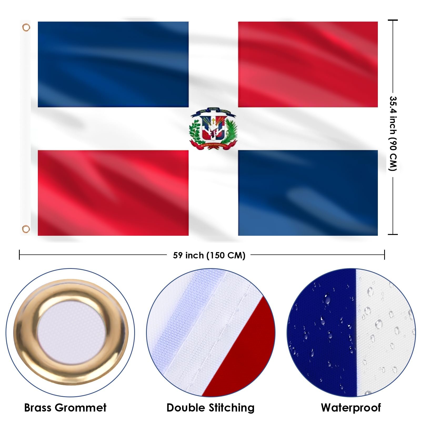 AhfuLife Dominikanische Republik Flagge 150 x 90 cm, 1 Stück Große Dominikanische Nationalflaggen Doppelseitig mit Messingösen für Party Feiern, Unabhängigkeitstag - Image 2