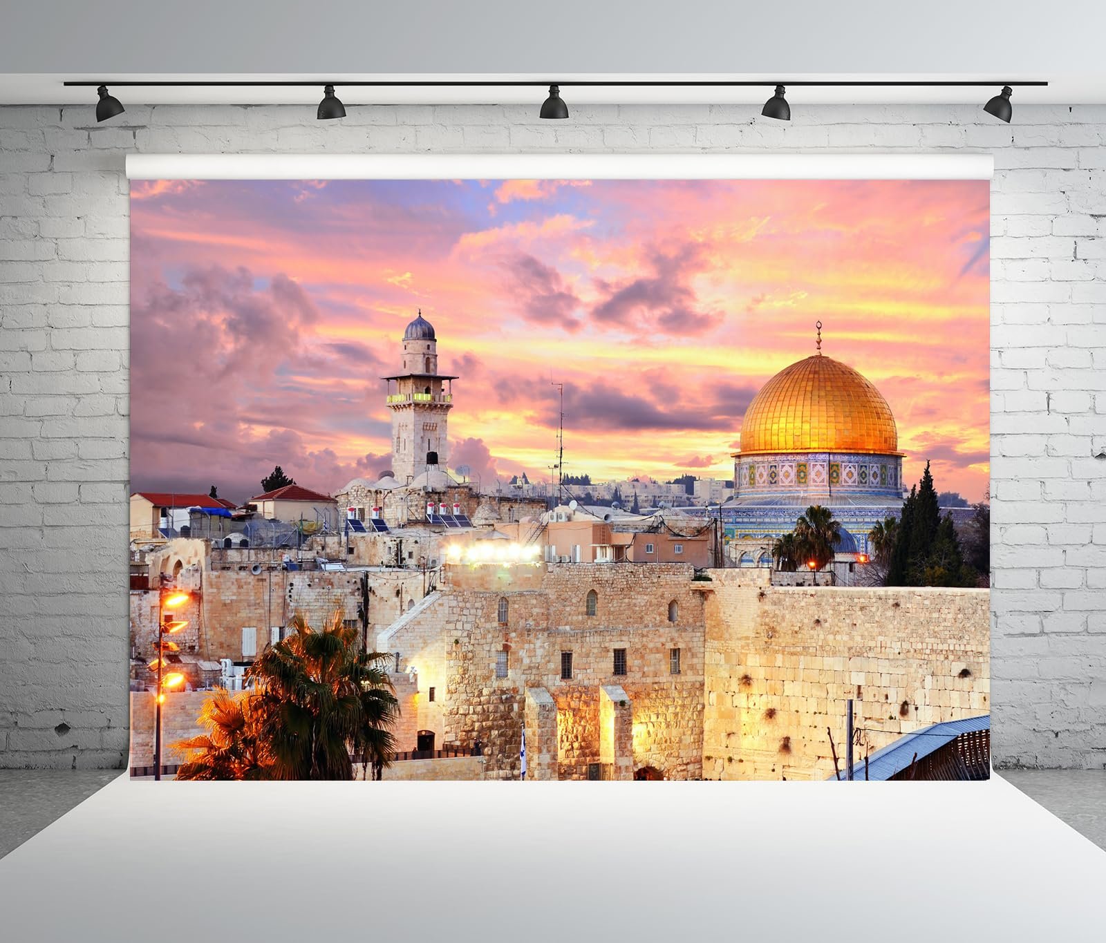 BELECO 1,5 x 1,2 m Stoff Jerusalem, Altstadt bei Sonnenuntergang, Israel, Stadtbild, Westmauer, Tempelhalterung, Felskuppel, religiöses Gebäude, Bethlehem, Hintergrund, Heimdekoration, Foto-Requisiten - Image 3