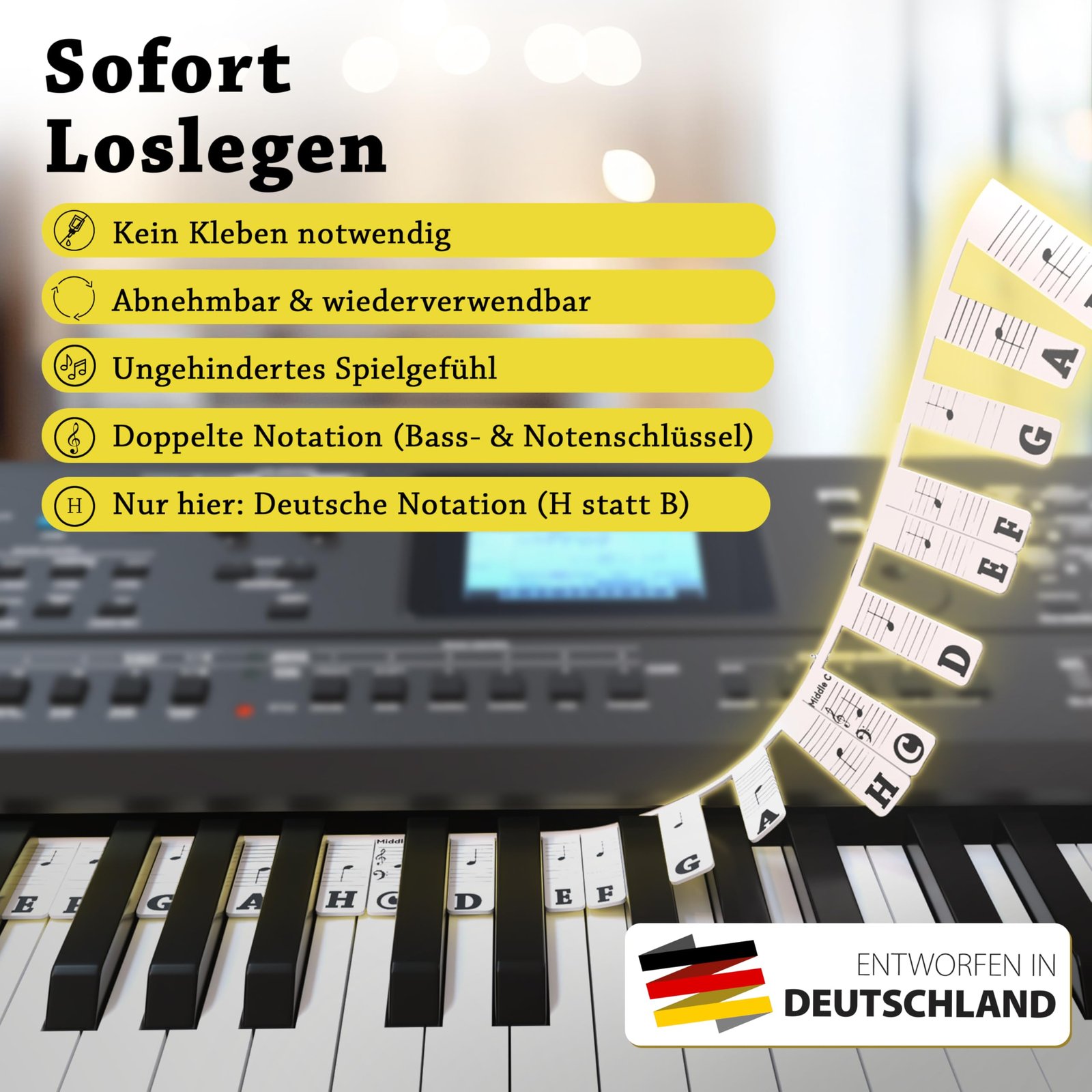 Belfort Klavier Noten Aufleger für Anfänger - Schwarz & Weiß - Abnehmbare Silikon Tastenbeschriftung + eBook (keine Aufkleber nötig) Klavier Zubehör für 88 & 61-Tasten Piano/Keyboard - Image 3