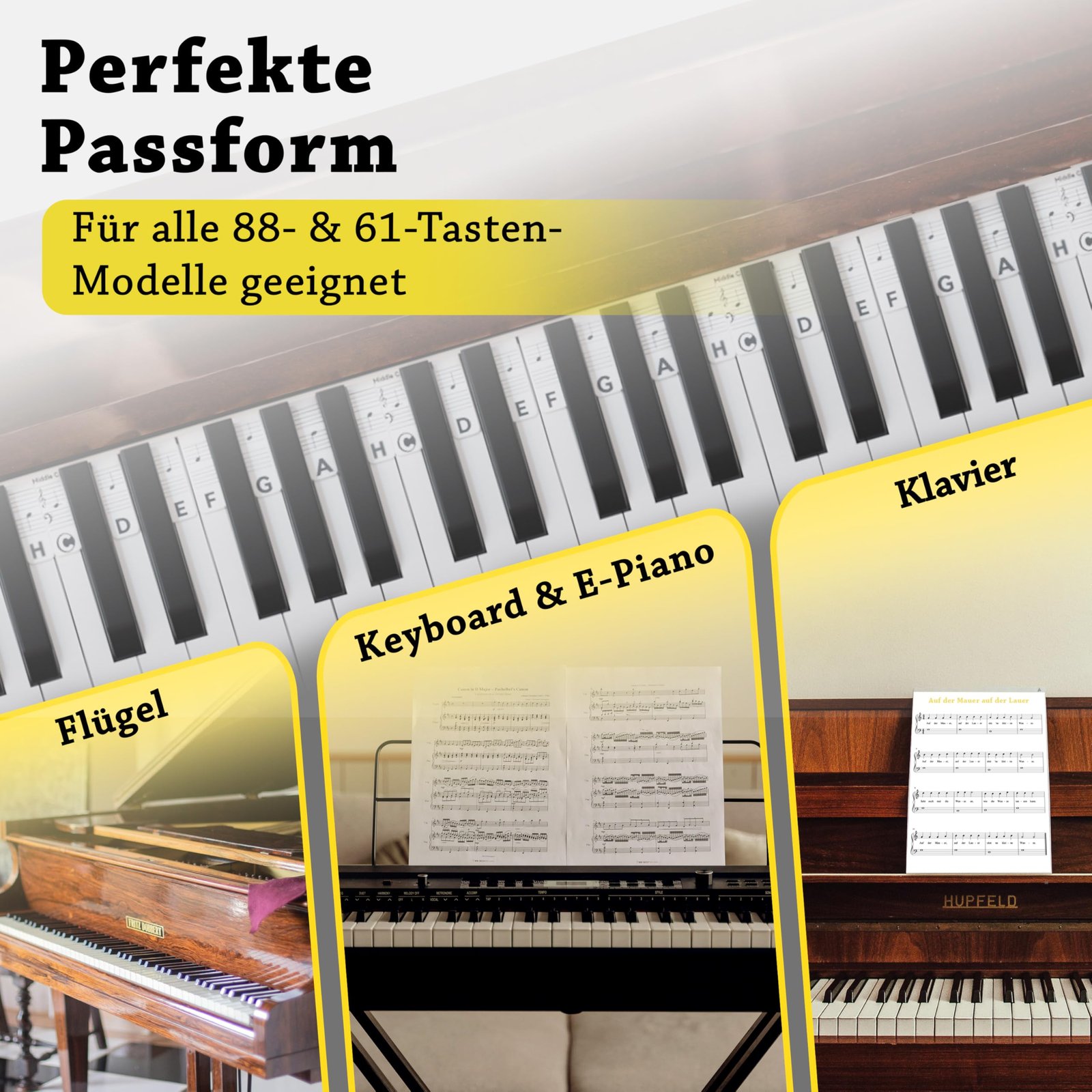 Belfort Klavier Noten Aufleger für Anfänger - Schwarz & Weiß - Abnehmbare Silikon Tastenbeschriftung + eBook (keine Aufkleber nötig) Klavier Zubehör für 88 & 61-Tasten Piano/Keyboard - Image 4