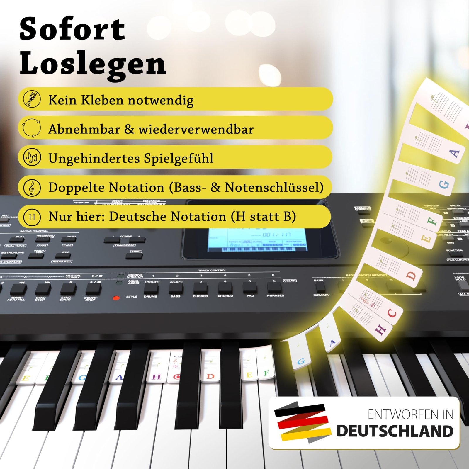Belfort Klavier Noten Aufleger für Anfänger - bunt - Abnehmbare Silikon Tastenbeschriftung + eBook (keine Aufkleber nötig) Klavier Zubehör für 88 & 61-Tasten Piano/Keyboard - Image 3