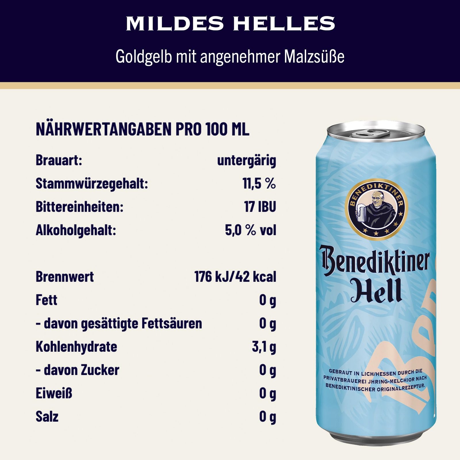 Benediktiner® Hell - Dosenbier (24x 0,5l) - Mildes helles Lager - Goldgelbe Farbe - Angenehme Malzsüße - Gebraut nach dem deutschen Reinheitsgebot - Image 3