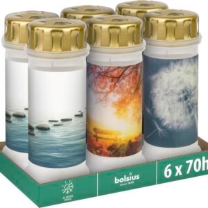 Bolsius Grablicht - mit Motiv - Nr. 6 - Set 6 Stück - Länge Brenndauer - Trauerkerze & Gedenkstätte Kerzen - Sauberes Abbrennen - Ohne Palmöl - Image 1