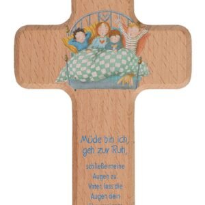 Butzon & Bercker Kinder-Kreuz aus Buchenholz in Weiß oder Natur mit christlichem Motiv und Gebet in Geschenkverpackung, Maße 8,2 x 14 cm (Natur-Bunt (Müde bin ich)) - Image 1