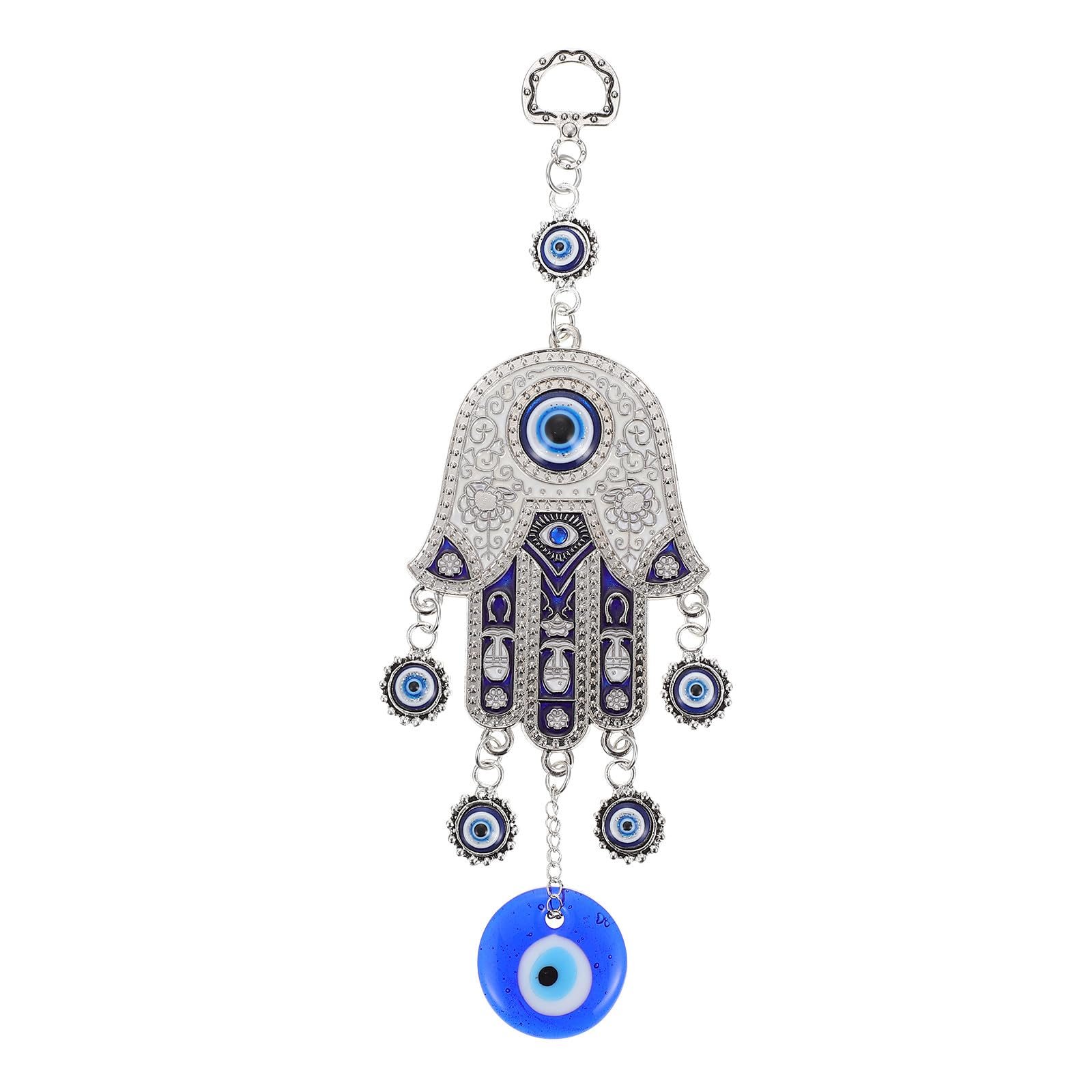 CATIEBYE Blauer Anhänger mit Bösem Blick und Hand der Fatima aus Legierung und Glas Leichtes Dekorationsobjekt für Schlüssel und Tür im Zuhause - Image 1