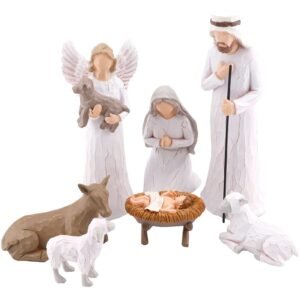CHUANGLI Krippenfiguren Set, Handbemalte Krippenfiguren, 7 Krippe Handbemalte Harzfiguren, JesusBaby, Maria, Josef, Esel, Engel und Zwei Schafe, Weihnachtsdeko Geschenke - Image 1