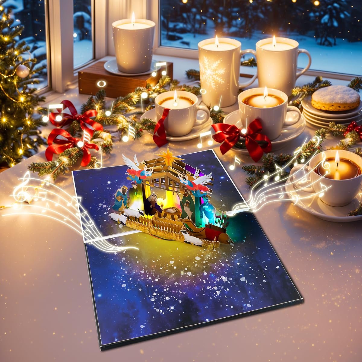 CNLITIHEKA Musikalische Weihnachtskarte mit Licht, Heilige Nacht, 3D Pop Up Weihnachtskarten mit Lichtern & Musik, für Männer, Frauen - Image 3