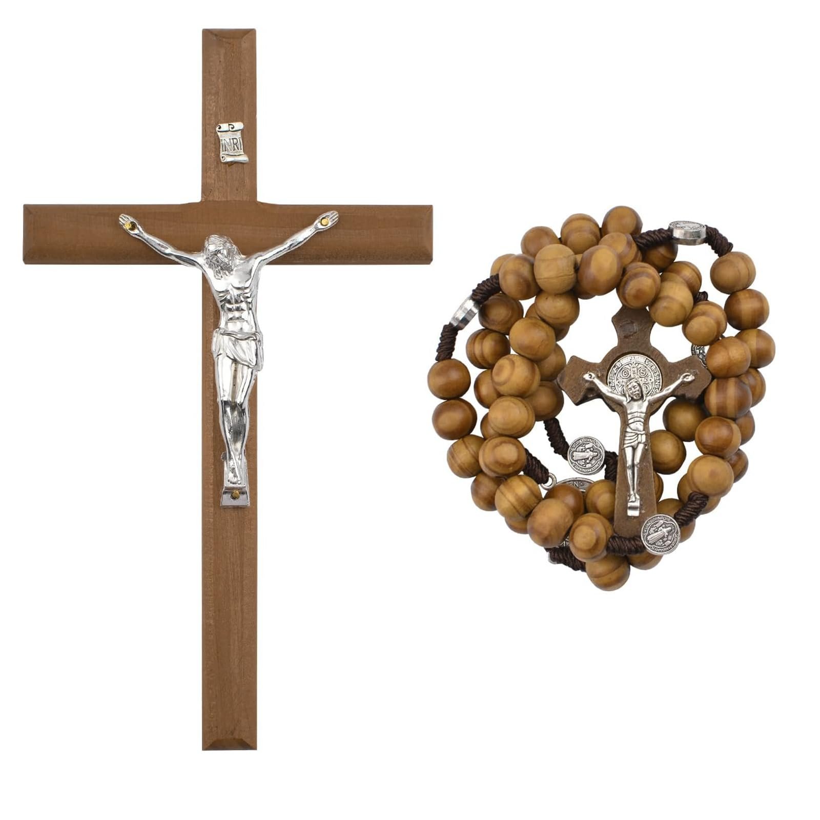 CRAFFANCY Kreuz-Set mit Kruzifix, Rosenkranz Katholisch Halskette aus Holz mit Kreuz Zum Aufhängen, Christus Wandkreuz, Katholisches Cross, Jesus holzkreuz für Innendekoration, Kommunion - Image 1