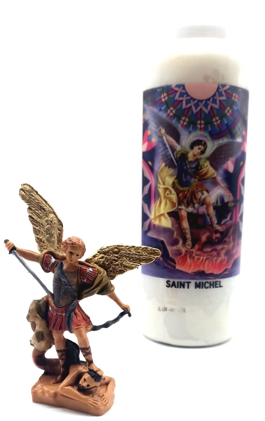 CRIGEMA - San Michele Arcangelo - Statue aus Kunstharz 7 cm und Gebetskerze Novena 18 x 7 cm 216 Stunden Brenndauer 100 % pflanzlich - Image 1