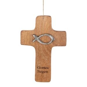 CULT at home Kreuz Wand Holzkreuz Kruzifix Wandkreuz – mit Fisch und Segensspruch – aus Mangoholz naturfarben – 13 x 19 cm - Image 1