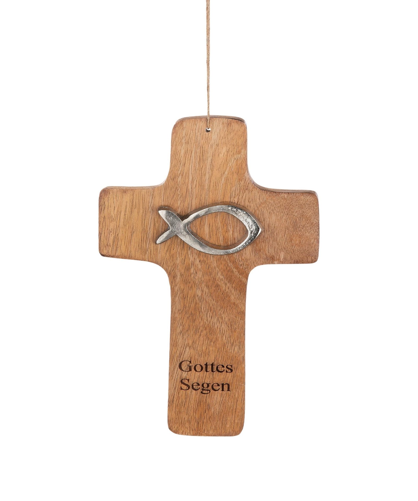 CULT at home Kreuz Wand Holzkreuz Kruzifix Wandkreuz – mit Fisch und Segensspruch – aus Mangoholz naturfarben – 13 x 19 cm - Image 1