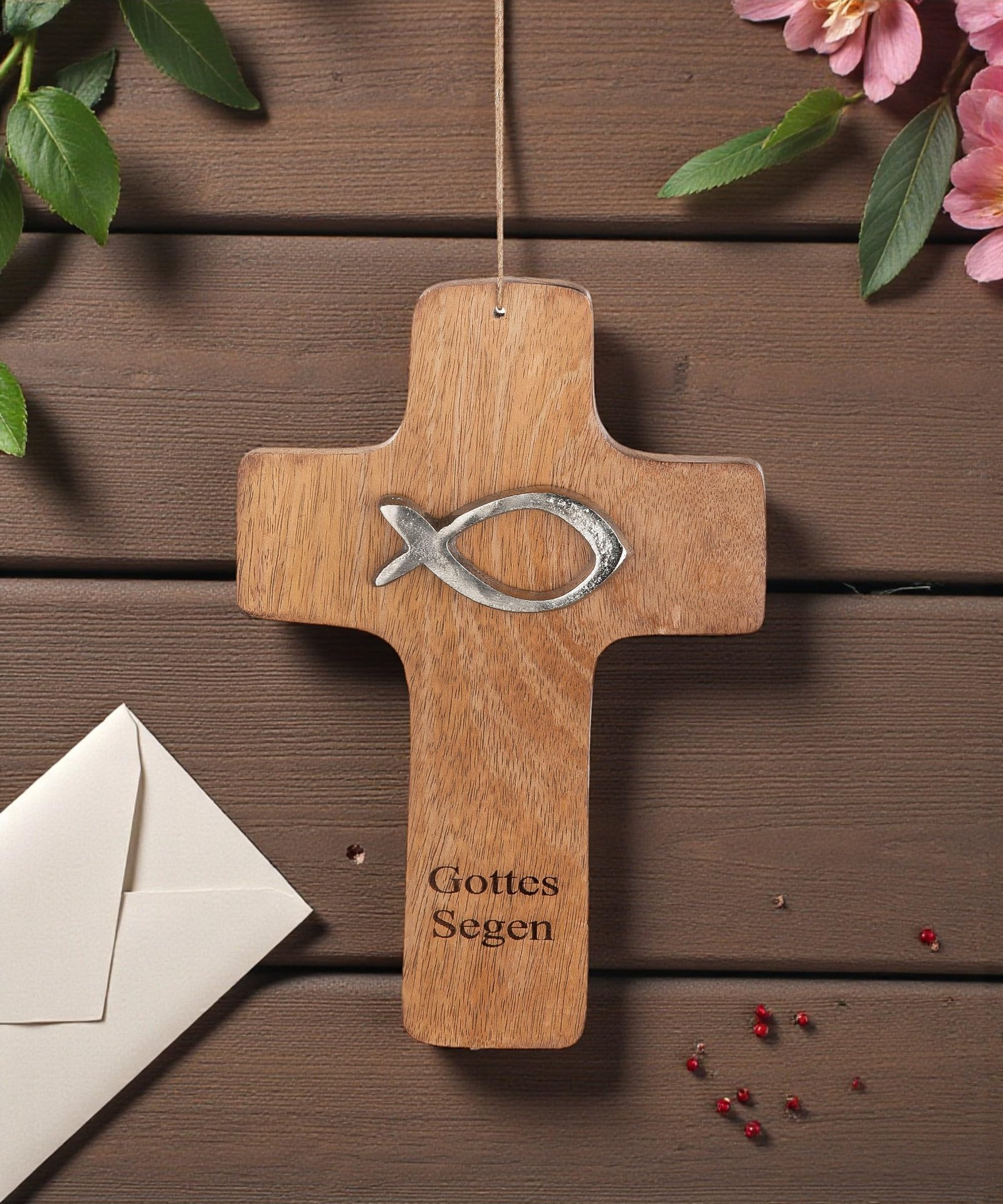 CULT at home Kreuz Wand Holzkreuz Kruzifix Wandkreuz – mit Fisch und Segensspruch – aus Mangoholz naturfarben – 13 x 19 cm - Image 2