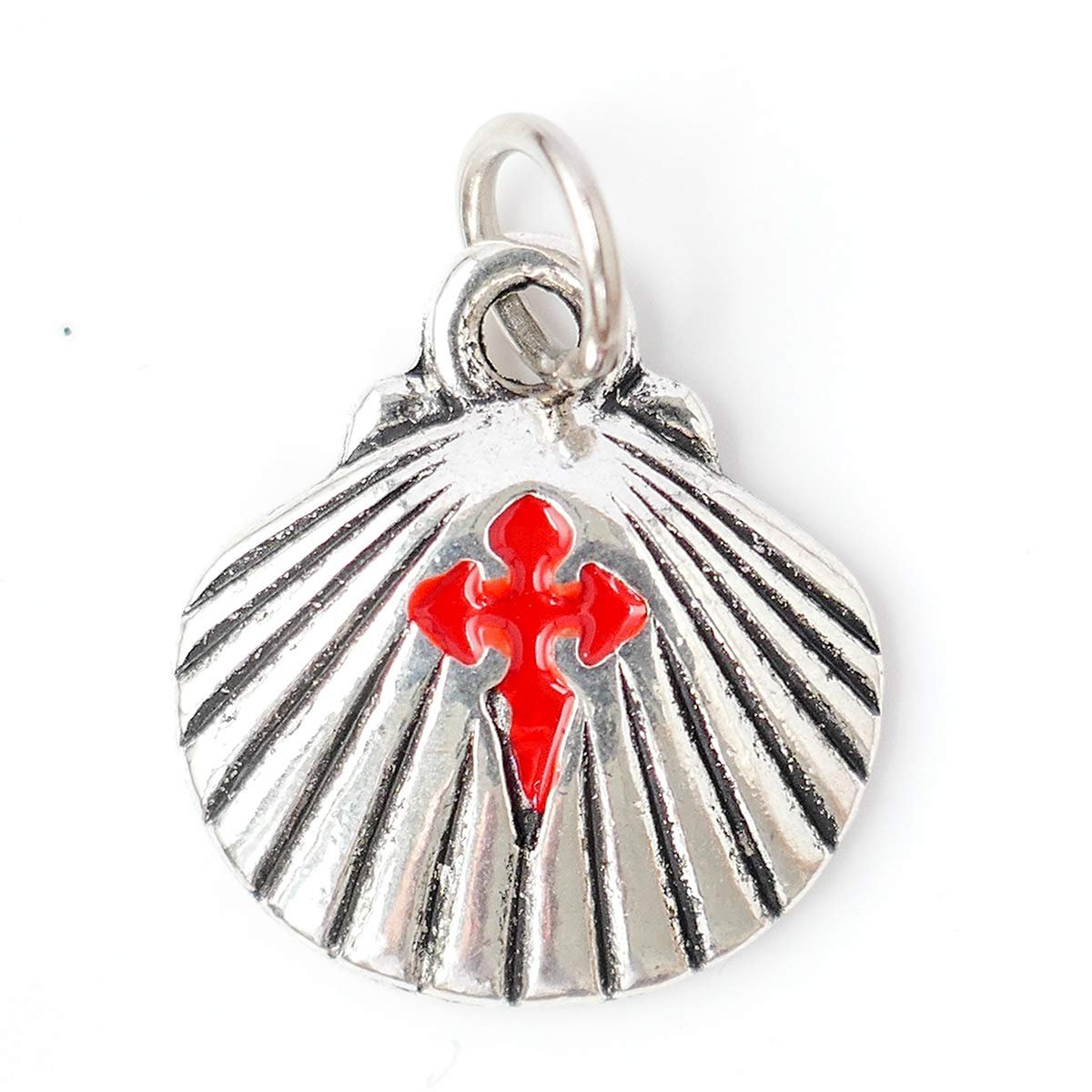 Camino Cats Jakobsweg Camino de Santiago Anhänger Jakobsmuschel (ca. 1,7x1,6 cm) – silberfarben mit rotem Jakobuskreuz – innen Jakobus Porträt – Jakobsweg Souvenir & Pilger Geschenk - Image 1