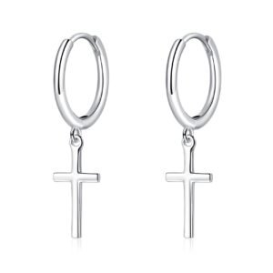 Cangall Creolen Silber Mit Kreuz Anhänger für Damen, 925 Sterling Silber Ohrringe Hängend, Kleine Schlafen Knorpel Ohrhänger für Geburtstag Muttertag - Image 1