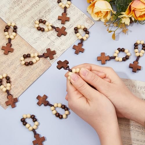 DICOSMETIC 25Pcs Holz Fingerrosenkranz Katholischer Fingerrosenkranz Ring Taschenrosenkranz Ring mit Kreuz Kamel Heiliges Land Perlen Ringe für Taufe Geschenke Männer Frauen Hochzeit Kirche Geschenk - Image 5