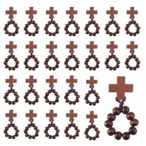 DICOSMETIC 25Pcs Holz Fingerrosenkranz Katholischer Fingerrosenkranz Ring Tascherosenkranz Ring Mit Kreuz Kokosnussbraune Heiliges Land Perlen Ringe Für Taufe Gastgeschenke Männer Frauen - Image 1