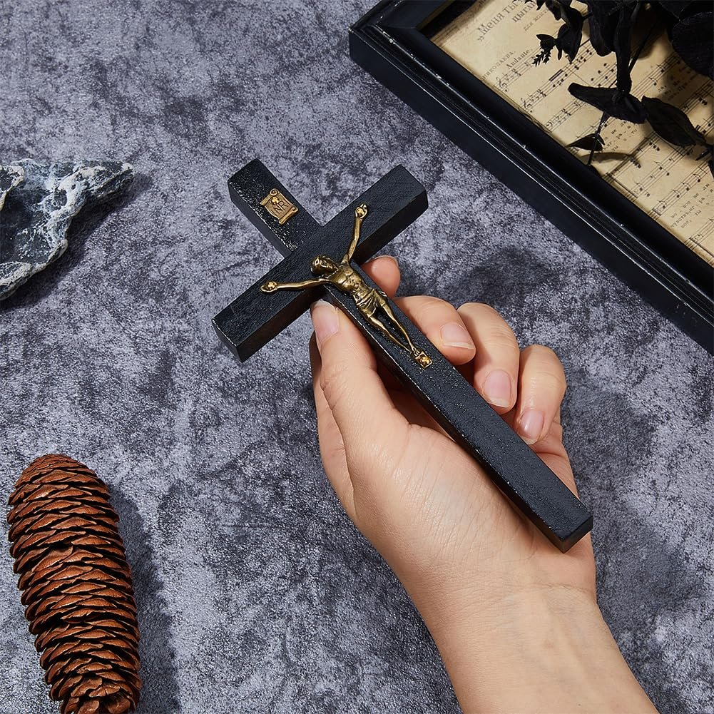 DICOSMETIC Kleines Holz Wandkreuz 15,1x8x2,2cm Schwarz Mit Legierung Jesus Und St. Benedikt Kruzifix Katholisches Wandkreuz Für Wand Religiöses Weihnachts Osterdekoration Für Zuhause Und Büro - Image 3