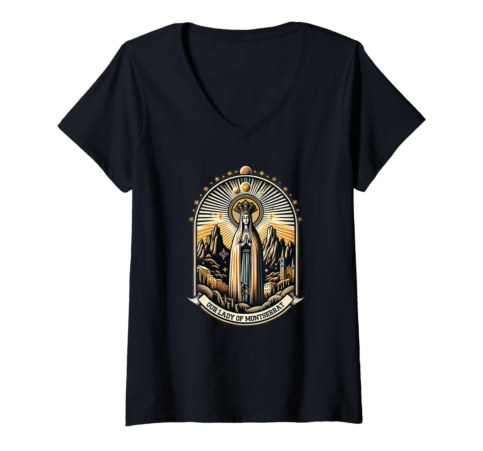 Damen Unsere Liebe Frau von Montserrat Symbol Mutter mächtige Heilige Maria T-Shirt mit V-Ausschnitt - Image 1
