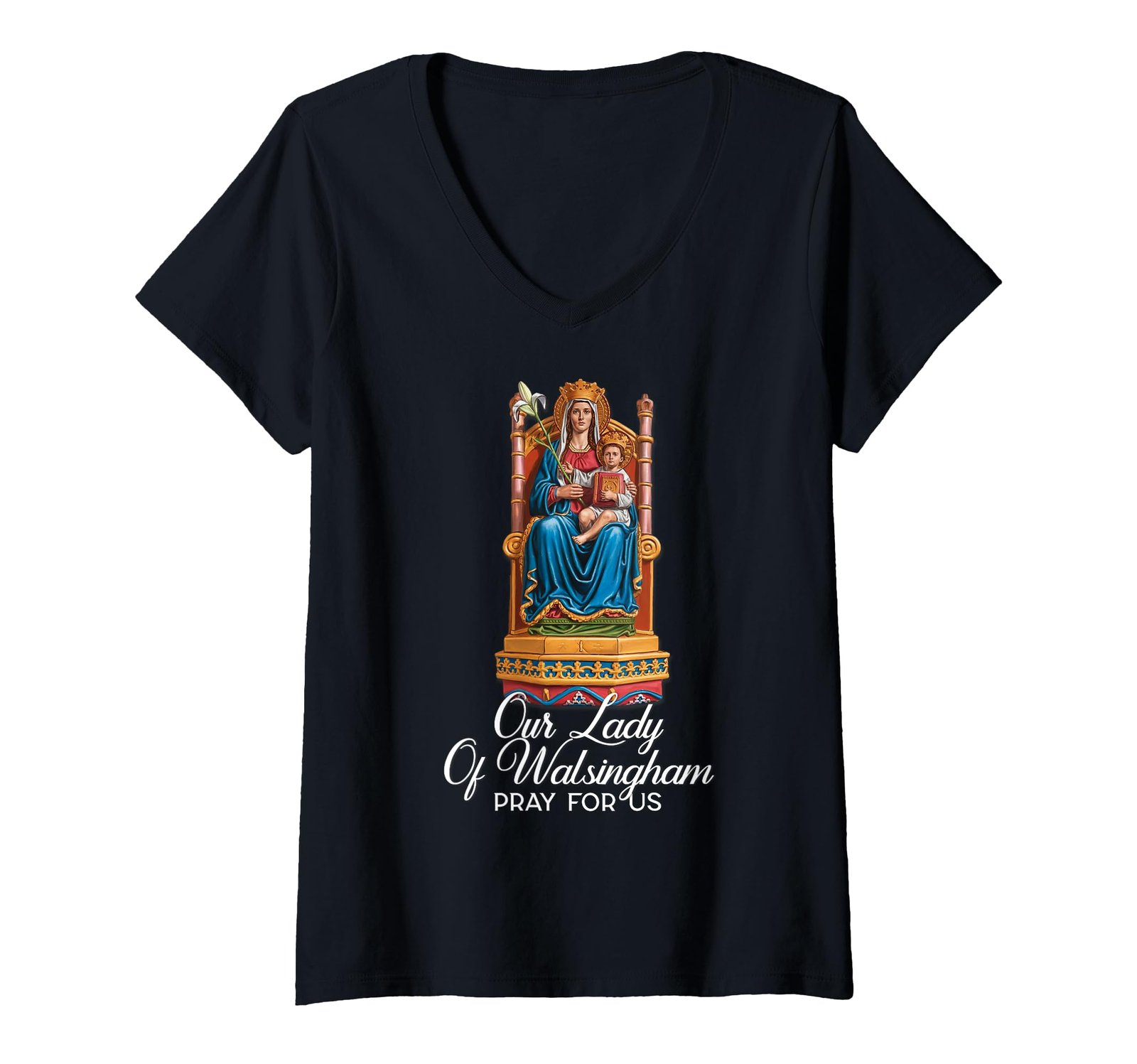 Damen Unsere Liebe Frau von Walsingham Nazareth Marian Catholic T-Shirt mit V-Ausschnitt - Image 1