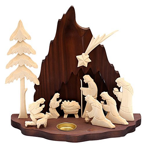 Dekohelden24 ***Handgeschnitzte Holz Krippe, heilige Familie, mit Teelichthalter, ca. 32 cm - Image 1