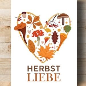 Din A4 Kunstdruck ohne Rahmen - Herbst Liebe - Hallo Herbst mit Herz - Blätter Pilze - Grafik Bild Druck Poster - Image 10