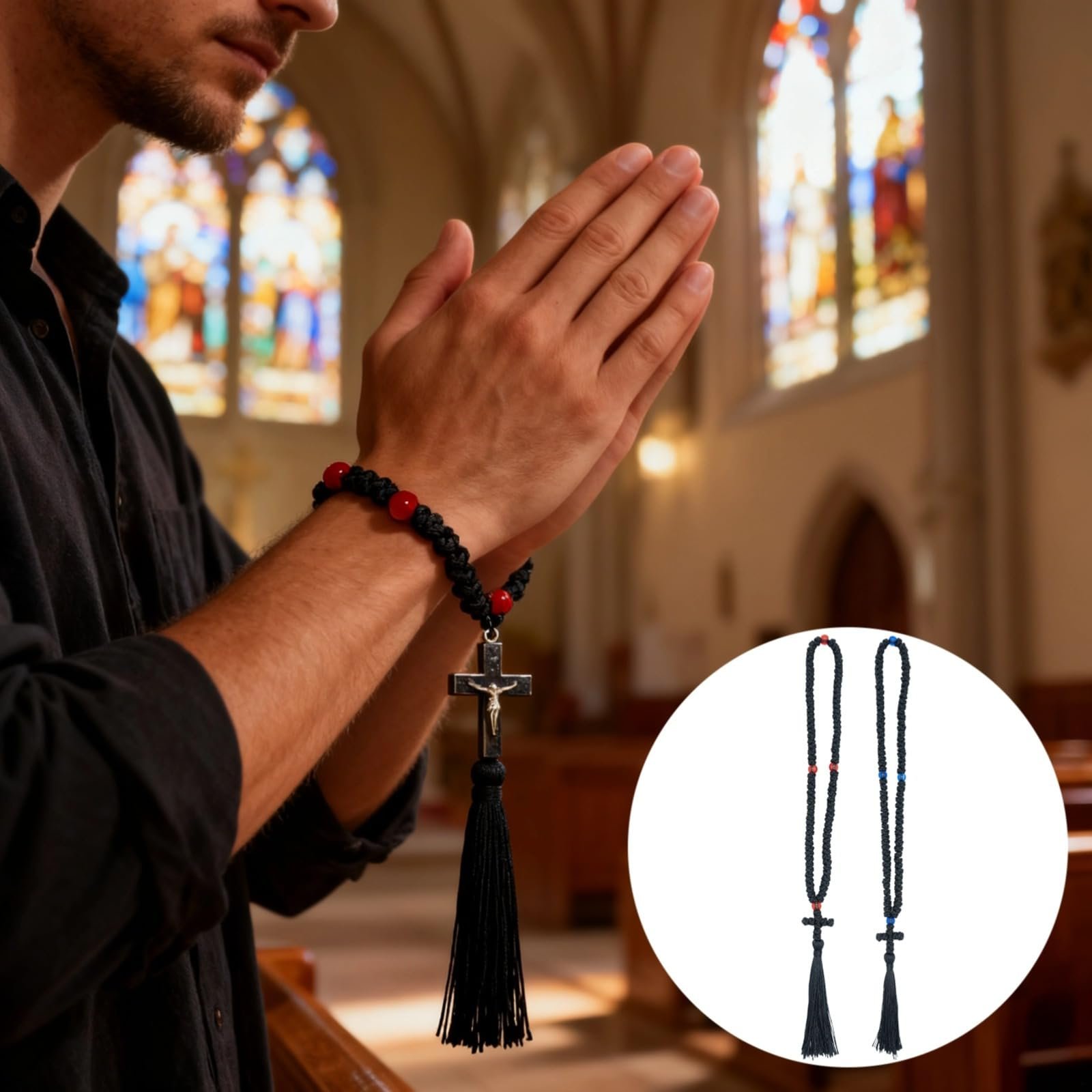 Dolltobe Gebetsschnur, orthodoxe Gebetsschnur, 100 Knoten, geknotet, Komboskoini, 21,6 cm, mit roter Perlenkreuz-Quaste, handgefertigt, griechisch für spirituelles Wohlbefinden und Schutz - Image 2
