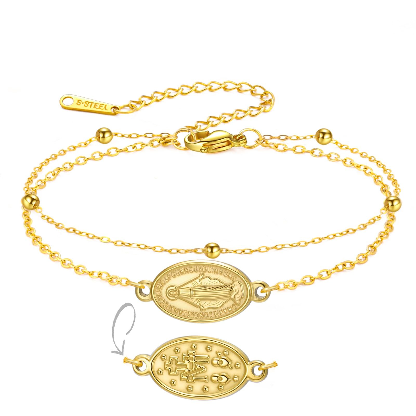EUEAVAN Jungfrau Maria Armband Virgen de Guadalupe Unsere Liebe Frau von Guadalupe Mutter Maria Armreif Wunderbare Medaille Christliches Amulett Katholischer Schmuck Taufgeschenk (Mehrlagig Gold) - Image 1