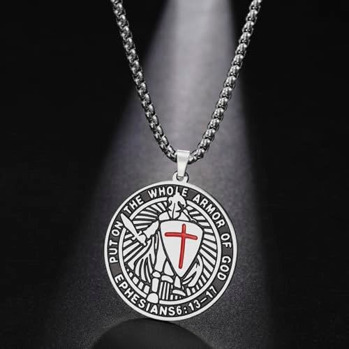 EUEAVAN Kreuzritter-Templer-Halskette für Männer Epheser 6:16-17 Rüstung Gottes Jerusalem-Kreuz-Erkennungsmarke-Anhänger Heiligenmedaille-Amulett Katholischer Schmuck (Einseitiges Silber) - Image 10