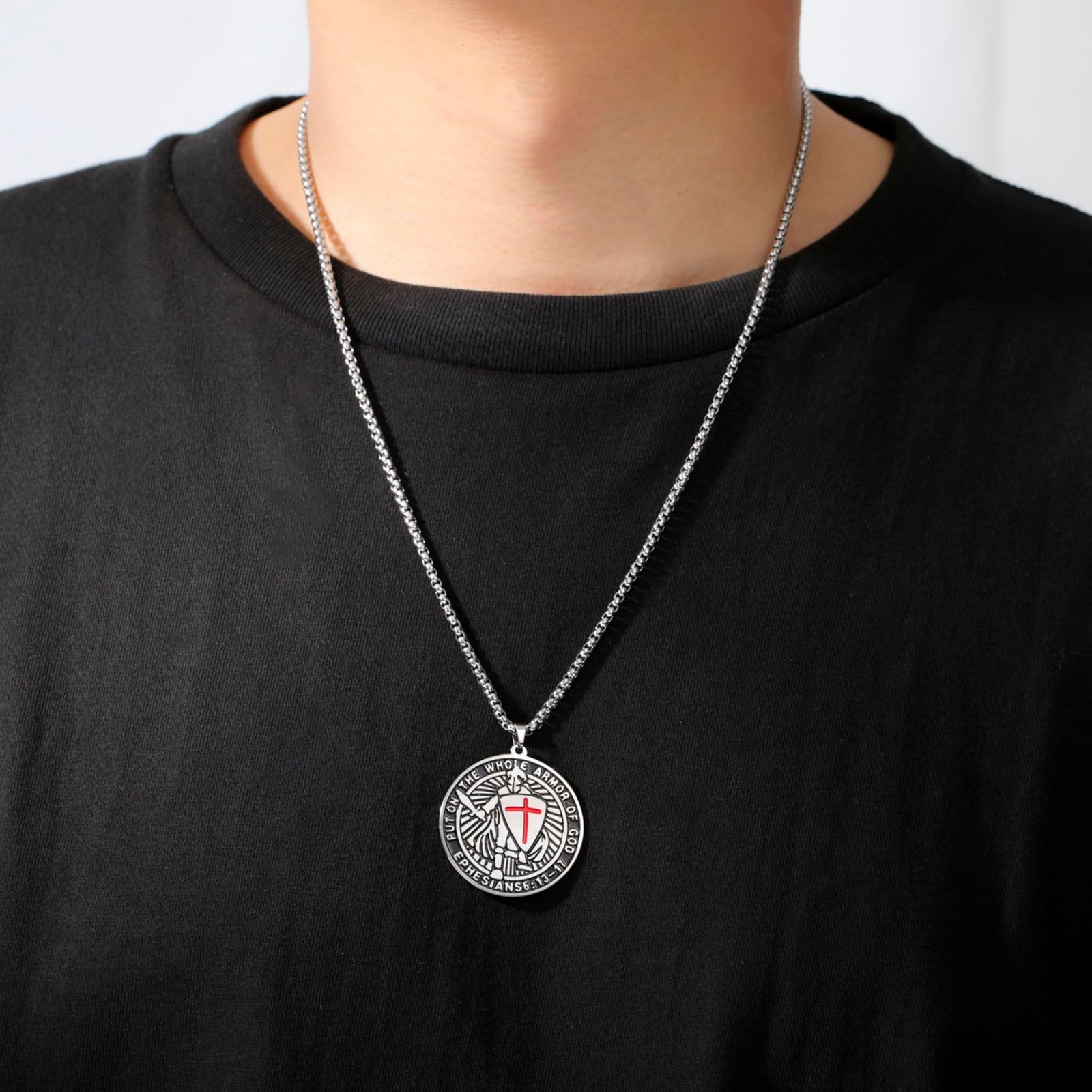EUEAVAN Kreuzritter-Templer-Halskette für Männer Epheser 6:16-17 Rüstung Gottes Jerusalem-Kreuz-Erkennungsmarke-Anhänger Heiligenmedaille-Amulett Katholischer Schmuck (Einseitiges Silber) - Image 2