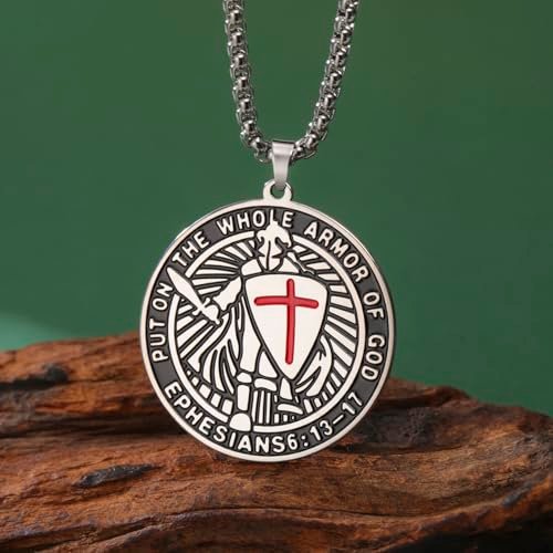 EUEAVAN Kreuzritter-Templer-Halskette für Männer Epheser 6:16-17 Rüstung Gottes Jerusalem-Kreuz-Erkennungsmarke-Anhänger Heiligenmedaille-Amulett Katholischer Schmuck (Einseitiges Silber) - Image 5