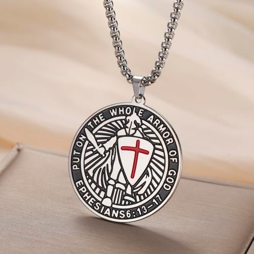 EUEAVAN Kreuzritter-Templer-Halskette für Männer Epheser 6:16-17 Rüstung Gottes Jerusalem-Kreuz-Erkennungsmarke-Anhänger Heiligenmedaille-Amulett Katholischer Schmuck (Einseitiges Silber) - Image 7