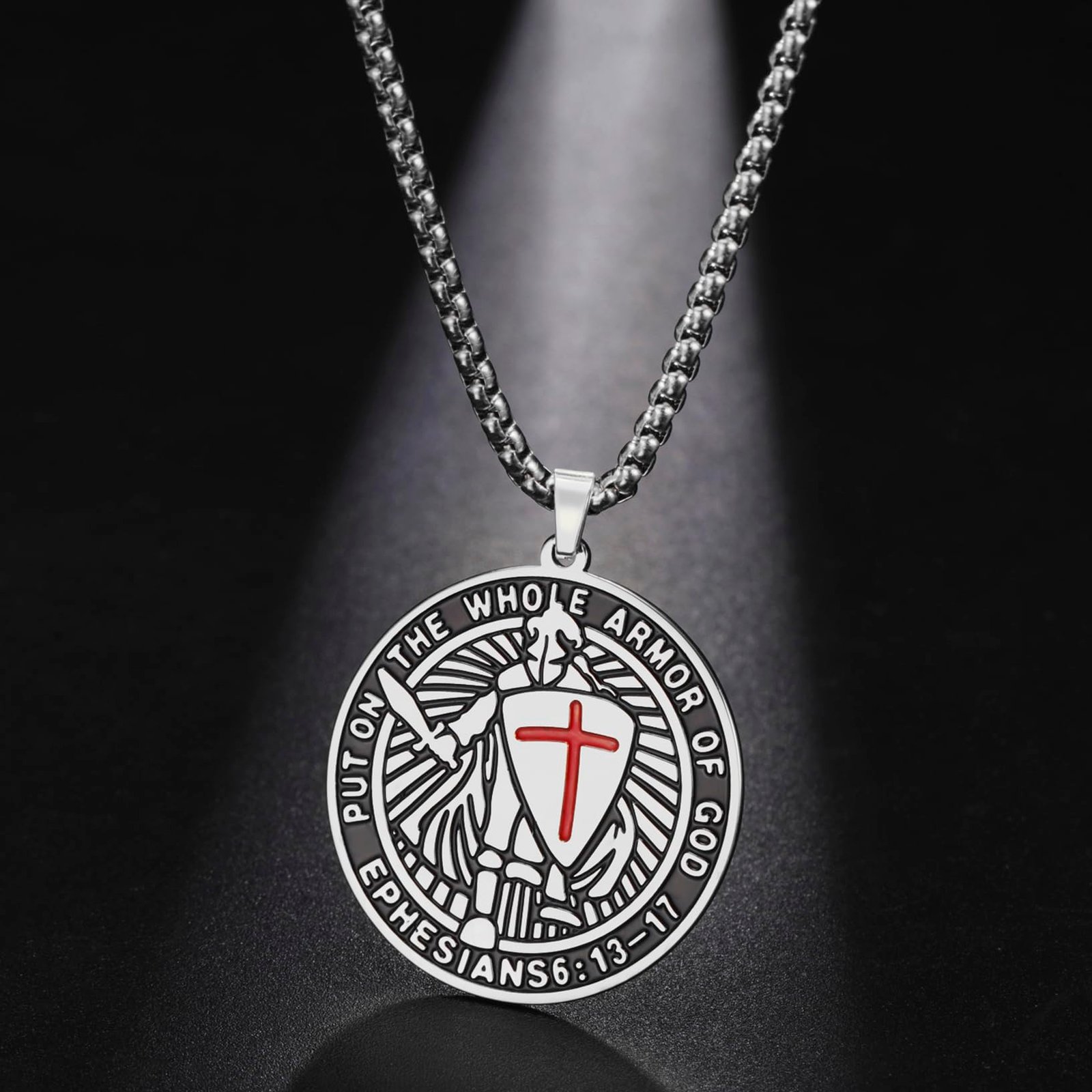 EUEAVAN Kreuzritter-Templer-Halskette für Männer Epheser 6:16-17 Rüstung Gottes Jerusalem-Kreuz-Erkennungsmarke-Anhänger Heiligenmedaille-Amulett Katholischer Schmuck (Einseitiges Silber) - Image 9