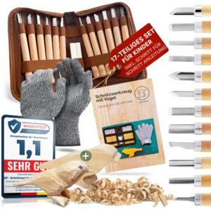 Eli® Schnitzset für Kinder (17-teilig) inkl. Schnitzanleitung - Rohling aus Holz Vogel - 12 hochwertige Schnitzwerkzeug - Schnitzmesser mit Schleifstein - Schnitzen für Jungen und Mädchen - Image 1