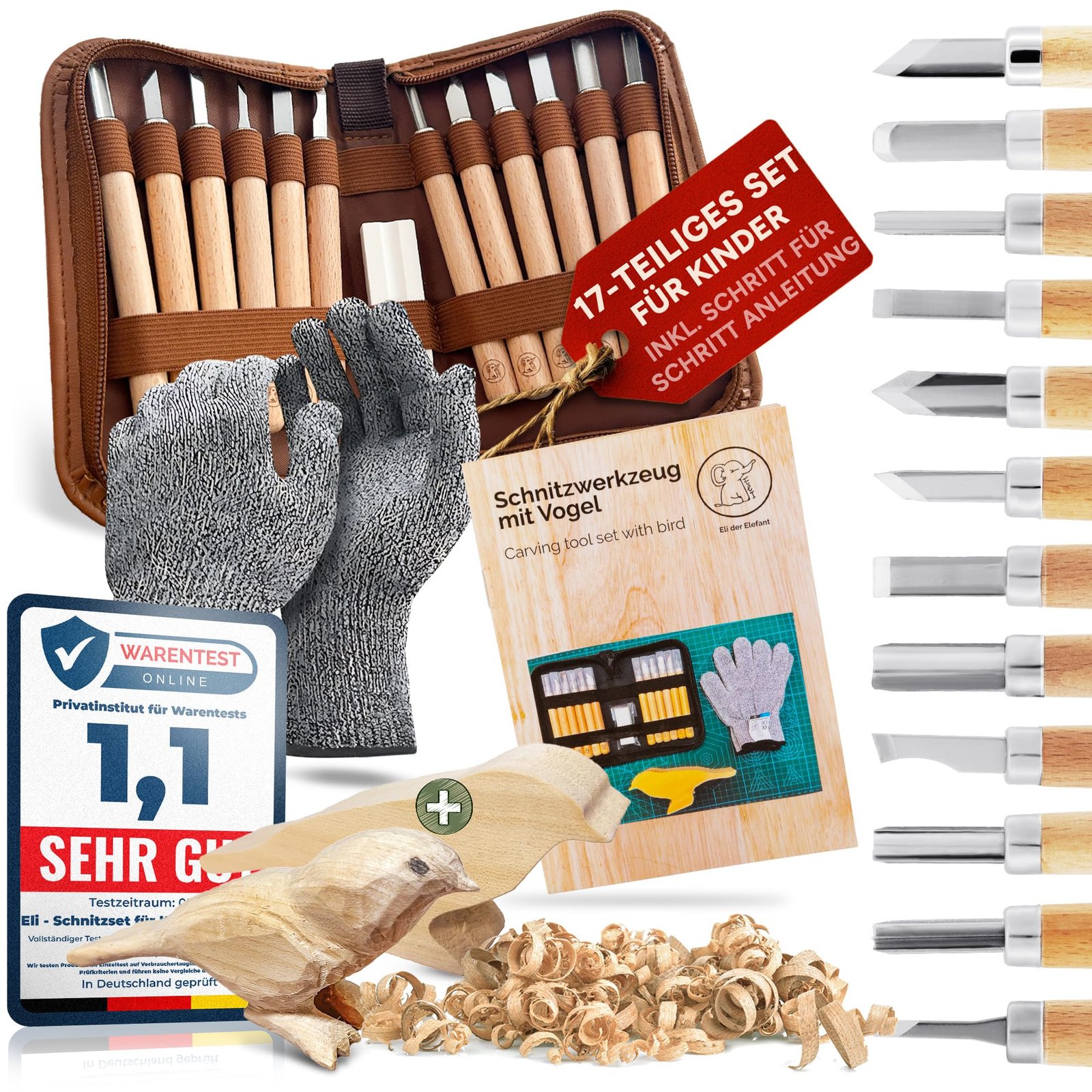 Eli® Schnitzset für Kinder (17-teilig) inkl. Schnitzanleitung - Rohling aus Holz Vogel - 12 hochwertige Schnitzwerkzeug - Schnitzmesser mit Schleifstein - Schnitzen für Jungen und Mädchen - Image 1