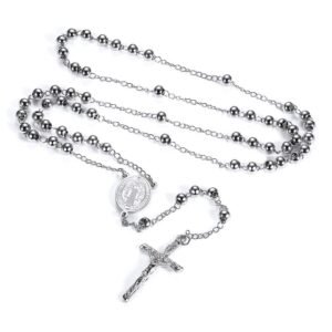 FaithHeart Rosenkranz Kette für Damen Herren Kreuzkette Orthodoxes Auto Rosenkranzkette Edelstahl Benedikt von Nursia Gebetskette Katholisch Halskette Rosary Necklace Religiöse Heiliger Schmuck - Image 1