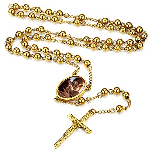 FaithHeart goldene Rosenkranz Halskette mit Bild Gravur Personalisierte Rosenkranz Kette für Damen Herren - Image 1