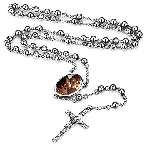 FaithHeart personalisierte Rosenkranz Kette für Damen Herren Rosenkranz Halskette mit Foto Gravur Rosary Necklace für Geburtstag Muttertag - Image 1