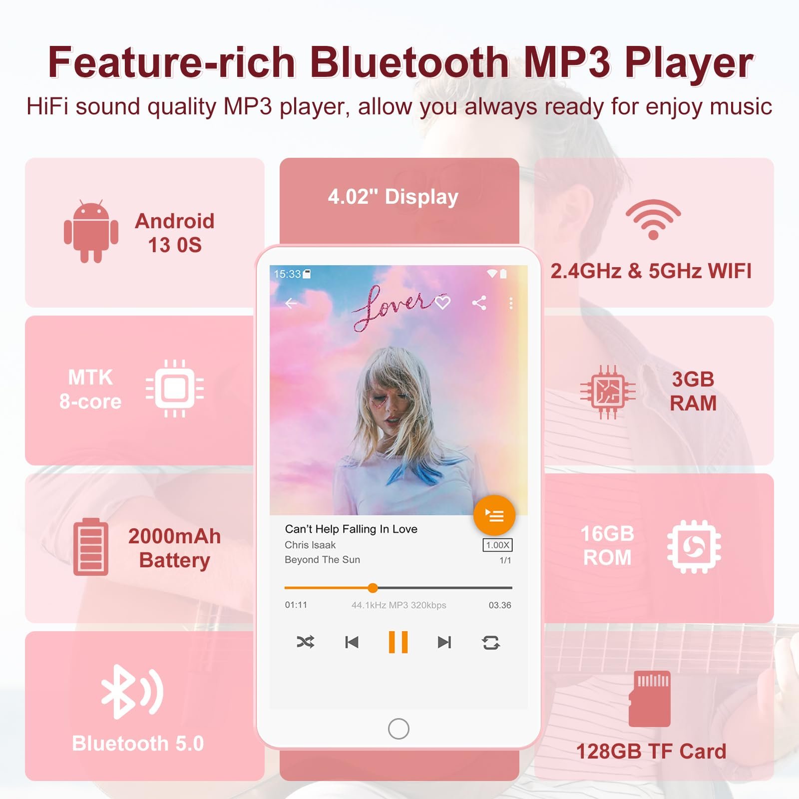 Fanvace 144GB MP3 Player mit Bluetooth und WiFi, Android 13 MP3 MP4 Player mit 4 Zoll Touchscreen und Lautsprecher, MP3 Musikplayer mit Spotify, Audible, Amazon Music, Play Store (Rosa) - Image 2