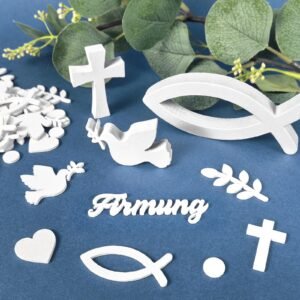 Firmung Deko - 66 Stück Holz Streudeko mit Fisch, Kreuz & Taube, Tischdeko Firmung, Perfekte Firmung Geschenke für Mädchen und Jungen - Image 1