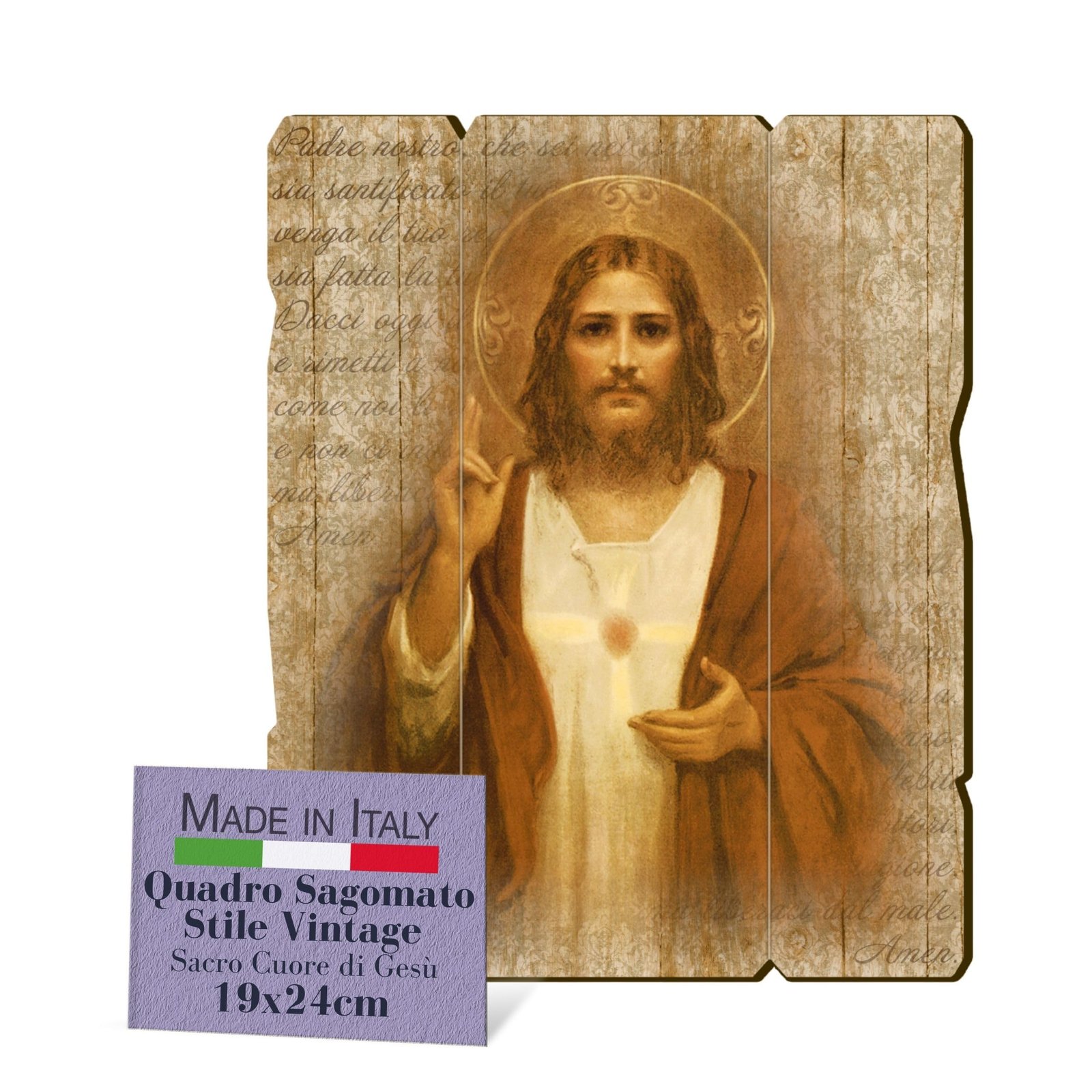 Fratelli Bonella, Bild des Heiligen Herzens Jesu, Vintage-Stil, Pappelholz, Dicke 8 mm, religiöses Schlafzimmer, 19 x 24 cm, 100 % Made in Italy - Image 1
