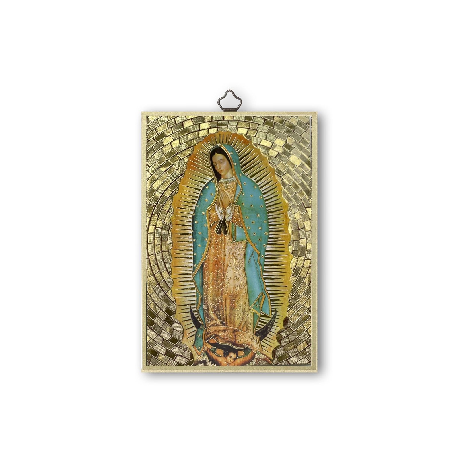 Fratelli Bonella | Wandbild | Heiliges Bild auf Pappel-MDF-Holz 8 mm mit Mosaik aus Goldfolie von Madonna von Guadalupe mit Gebet auf der Rückseite | Made in Italy - Image 1