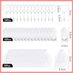 Fyshird 15 Stück Rosenkranz Katholisch mit Kreuz Anhänger Geschenkanhänger Organzabeutel Glücksbringer Armband Gastgeschenke für Taufe Kommunion Konfirmation Hochzeit Auto Party (Silber) - Image 5