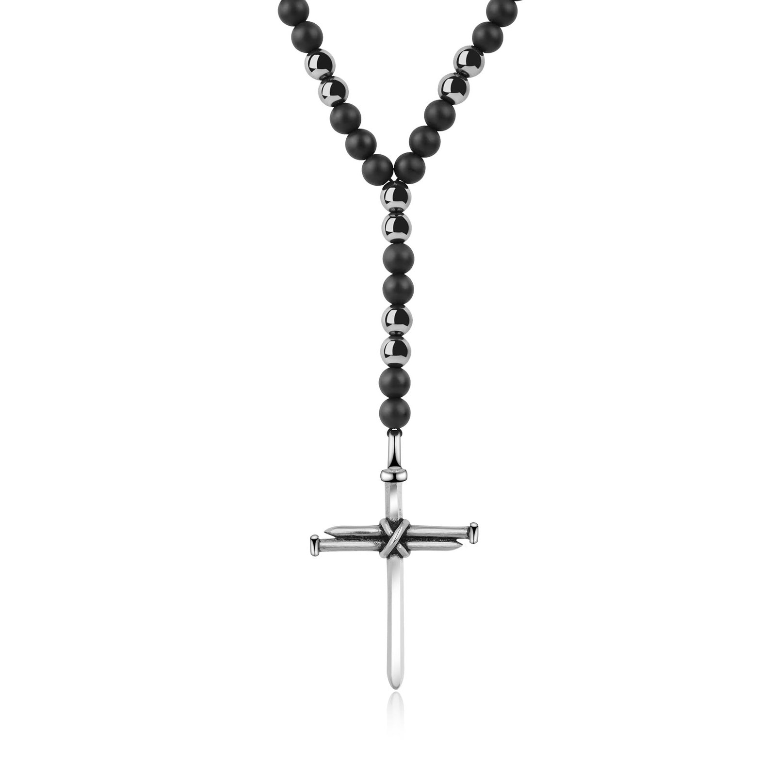 GAVU Männer Rosenkranz Y-Halskette mit Kreuzanhänger Perlenkette aus schwarzem Onyx und Hämatit für Herren - Image 1